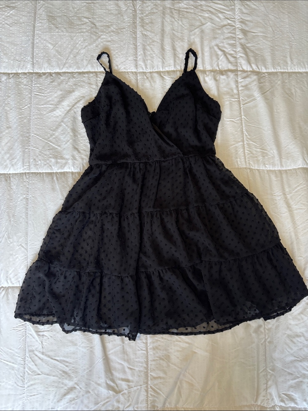 Black Swiss Dot Tiered Mini Dress with Spaghetti Straps & Mesh Back